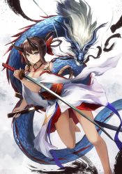 Rule 34 | &gt;:(, 1girl, bare shoulders, blue eyes, breasts, brown hair, cleavage, closed mouth, detached sleeves, dragon, dual wielding, eastern dragon, eruthika, hair ribbon, hair rings, highres, holding, holding sword, holding weapon, horns, katana, large breasts, long hair, looking at viewer, magatama, obi, oni horns, original, red ribbon, ribbon, sash, solo, sword, tattoo, v-shaped eyebrows, weapon, wide sleeves