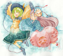 Rule 34 | 2girls, :o, ankle boots, arms up, blouse, blue background, boots, bubble skirt, clothes grab, closed eyes, floral print, graphite (medium), green hair, hands in opposite sleeves, hannya, hat, hat ribbon, hata no kokoro, heart, jumping, komeiji koishi, long hair, mask, multiple girls, open mouth, painting (medium), pink eyes, pink hair, plaid, plaid shirt, ribbon, shirt, short hair, skirt, sleeve grab, third eye, touhou, traditional media, very long hair, watercolor (medium), yadu kazuya