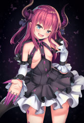 Rule 34 | 10s, 1girl, :d, asymmetrical horns, black dress, blue eyes, blush, breasts, bug, butterfly, cenangam, commentary request, cowboy shot, curled horns, detached sleeves, dragon horns, dragon tail, dress, elizabeth bathory (fate), elizabeth bathory (fate/extra ccc), elizabeth bathory (first ascension) (fate), fang, fate/extra, fate/extra ccc, fate (series), hair between eyes, hair ribbon, hand on own hip, head tilt, horns, insect, long hair, long sleeves, looking at viewer, open mouth, outstretched arm, pink hair, purple ribbon, ribbon, small breasts, smile, solo, tail, two side up, uneven horns