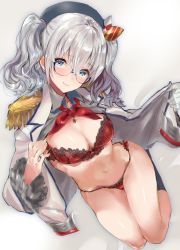 Rule 34 | 10s, 1girl, blue-framed eyewear, blue eyes, blush, bra, breasts, buttons, epaulettes, glasses, gloves, hitaki yuu, jacket, kantai collection, kashima (kancolle), large breasts, looking at viewer, neckerchief, panties, red bra, red panties, sidelocks, silver hair, single glove, smile, solo, twintails, underwear, undressing, wavy hair