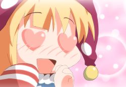 Rule 34 | 1girl, american flag shirt, bad link, blonde hair, clownpiece, commentary request, derivative work, hands up, hat, heart, heart-shaped pupils, jester cap, long hair, looking to the side, neck ruff, open mouth, own hands together, pink background, polka dot, purple hat, shiratsuki shiori, shirt, short sleeves, smile, solo, star (symbol), star print, striped clothes, striped shirt, symbol-shaped pupils, tongue, touhou