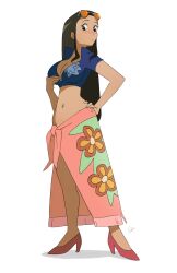 Rule 34 | 1girl, bare arms, black hair, blue eyes, blush, breasts, cleavage, closed mouth, collared jacket, commentary, cropped jacket, dark-skinned female, dark skin, dot mouth, dot nose, english commentary, female focus, floral print, full body, hand on own chest, hand on own hip, high heels, highres, jacket, large breasts, legs apart, light blush, long hair, looking down, lowleg, midriff, navel, nico robin, nose blush, official alternate costume, one piece, rizwan rafiq, sarong, shadow, short sleeves, sideways glance, signature, simple background, solo, standing, tareme, white background