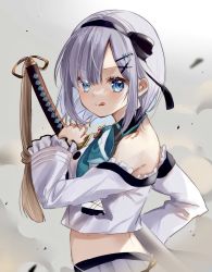 Rule 34 | 1girl, :p, blue eyes, blush, commentary request, drawing sword, hair ornament, hairclip, headband, highres, holding, holding sword, holding weapon, kaga sumire, katana, looking at viewer, lupinus virtual games, pome charo, short hair, simple background, smoke, solo, sword, tongue, tongue out, virtual youtuber, vspo!, weapon, x hair ornament