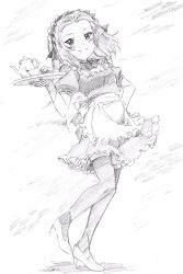 Rule 34 | 1girl, alternate costume, apron, boots, closed mouth, commentary, cup, dress, enmaided, frilled apron, frilled dress, frilled hairband, frills, full body, girls und panzer, graphite (medium), greyscale, hairband, hand on own hip, high heel boots, high heels, highres, holding, holding tray, looking at viewer, maid, makicha (sasurainopink), medium hair, monochrome, puffy short sleeves, puffy sleeves, rosehip (girls und panzer), short dress, short sleeves, smile, solo, spilling, standing, standing on one leg, teacup, teapot, thighhighs, traditional media, tray, waist apron