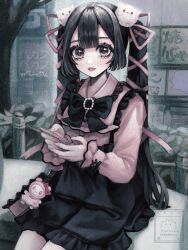 Rule 34 | 1girl, aegyo sal, bag charm, black bow, black eyes, black eyeshadow, black hair, black skirt, blouse, blunt bangs, blush, bow, charm (object), collared shirt, commentary request, eyeshadow, hair ribbon, highres, holding, holding phone, jirai kei, lace trim, long hair, long sleeves, looking at viewer, makeup, min (mts2314), nail polish, open mouth, original, outdoors, phone, pink lips, pink shirt, ribbon, shirt, sitting, skirt, smile, solo, stuffed toy, syu-chan (min), twintails, very long hair, watermark