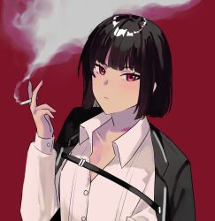 Rule 34 | 1girl, black hair, black jacket, cigarette, closed mouth, collared shirt, hand up, highres, holding, holding cigarette, jacket, jacket on shoulders, limbus company, long sleeves, looking at viewer, msx (mis4xi), project moon, red background, red eyes, ryoshu (project moon), shirt, short hair, simple background, smoke, solo, upper body, white shirt