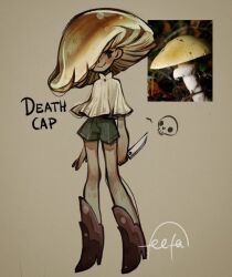 Rule 34 | 1girl, blouse, boots, character name, closed mouth, commentary, english commentary, english text, facing viewer, feefal, full body, gradient hat, green shorts, hair over one eye, hat over one eye, high heel boots, high heels, holding, holding knife, kitchen knife, knife, long legs, mushroom, mushroom girl, mushroom hat, one eye covered, original, paper background, personification, photo inset, reference inset, reverse grip, shirt, short shorts, shorts, signature, sinister, skull, smile, standing