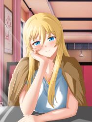Rule 34 | 1girl, azur lane, bismarck (azur lane), blonde hair, blue eyes, blue shirt, booth seating, brown jacket, cross, elbow on table, hair between eyes, hand on own cheek, hand on own face, highres, iron cross, jacket, jacket on shoulders, kazuki (chuan), long hair, looking at viewer, picture frame, pink curtains, pov, shirt, smile, solo, table, upper body