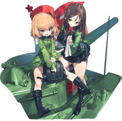 Rule 34 | 10s, 2girls, :d, black footwear, black hair, black skirt, black vest, blonde hair, blue eyes, boots, bowl, closed mouth, collaboration, commentary request, emblem, fang, girls und panzer, green jacket, green jumpsuit, handkerchief, unworn headwear, helmet, unworn helmet, holding, jacket, jumpsuit, katyusha (girls und panzer), kneeling, last period, long hair, long sleeves, looking at another, looking at viewer, military, military uniform, military vehicle, miniskirt, motor vehicle, multiple girls, nonna (girls und panzer), official art, open mouth, pleated skirt, pravda (emblem), pravda military uniform, red flag, red shirt, shirt, short hair, short jumpsuit, sitting, skirt, smile, standing, swept bangs, t-34, tank, tank helmet, transparent background, turtleneck, uniform, vest