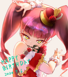 Rule 34 | 1girl, akagi anna, blush, dated, detached sleeves, drill hair, flower, flower in mouth, happy birthday, hat, kiratto pri chan, orange0150, pretty series, red hat, red shirt, rose, shirt, sleeveless, smile, solo, twintails, v-shaped eyebrows, white wrist cuffs, wrist cuffs, wristband, yellow eyes