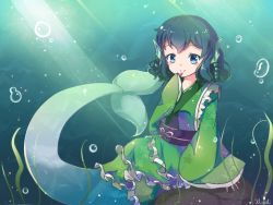 Rule 34 | 1girl, artist name, blue eyes, blue hair, blush, bubble, curly hair, finger to mouth, fingernails, fins, floral print, frilled kimono, frills, gradient background, green nails, head fins, japanese clothes, kimono, light particles, light rays, matching hair/eyes, mermaid, monster girl, nail polish, niromi, obi, ribbon, rock, sash, short hair, sitting, smile, solo, sunlight, touhou, underwater, wakasagihime