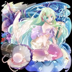 Rule 34 | 1girl, antenna hair, blue eyes, bow, breasts, cleavage, copyright request, earrings, gem, green hair, hair ornament, highres, jewelry, long hair, looking at viewer, md5 mismatch, mermaid, monchi (too00ri), monster girl, pearl (gemstone), ribbon, shell, solo, star (symbol), star hair ornament, toori monchi, very long hair