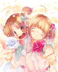 Rule 34 | 2girls, :d, ^ ^, ahoge, bandaid, bandaid on hand, blush, bow, brown eyes, brown hair, carnation, closed eyes, closed eyes, facing viewer, flower, food, fruit, hair ornament, hanpen, heart, heart hair ornament, holding, holding flower, laughing, looking at viewer, multiple girls, open mouth, polka dot, puus, rose, smile, star (symbol), strawberry, twintails
