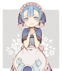 Rule 34 | 1boy, androgynous, blue eyes, blue hair, blunt bangs, blush, bustier, capelet, child, closed mouth, cowboy shot, dress, grey background, interlocked fingers, looking at viewer, made in abyss, maid, maid headdress, male focus, maruruk, own hands clasped, own hands together, short hair, smile, solo, standing, trap, yue (kingdom1259)