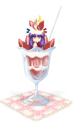 Rule 34 | 1girl, chibi, cream, cup, finger in own mouth, food, food as clothes, food on head, fruit, in container, in cup, in food, long hair, mini person, minigirl, object on head, parfait, patchouli knowledge, purple eyes, purple hair, solo, strawberry, tadaneko, touhou