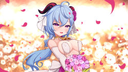 Rule 34 | 1girl, :d, ahoge, bare shoulders, blue hair, blush, bouquet, breasts, commentary request, covered erect nipples, cowbell, curled horns, dress, eyebrows hidden by hair, flower, ganyu (genshin impact), genshin impact, hair between eyes, hair flower, hair ornament, hair ribbon, half-closed eyes, highres, horns, long hair, looking at viewer, low ponytail, medium breasts, open mouth, petals, pink flower, pink rose, ponytail, purple eyes, purple flower, purple rose, ribbon, rose, rose neru, sidelocks, smile, solo, strapless, strapless dress, very long hair, wedding dress, white dress, white ribbon