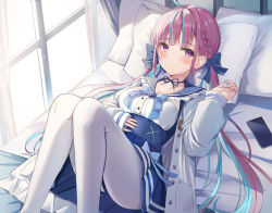Rule 34 | 1girl, blue bow, blue choker, blue hair, blue ribbon, blue sailor collar, blue skirt, blush, bow, braid, breasts, cellphone, choker, commentary request, frilled sailor collar, frills, hair bow, high-waist skirt, highres, hololive, jacket, knees together feet apart, knees up, long hair, long sleeves, looking at viewer, lying, medium breasts, minato aqua, minato aqua (sailor), multicolored hair, on back, pantyhose, phone, pillow, pink hair, pleated skirt, puffy long sleeves, puffy sleeves, purple eyes, ribbon, ribbon choker, sailor collar, shirt, sisoha, skirt, sleeves past wrists, smartphone, solo, twintails, two-tone hair, virtual youtuber, white jacket, white pantyhose, white shirt