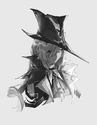 Rule 34 | 1girl, a9712mob, arknights, ascot, coat, cropped torso, ear piercing, gladiia (arknights), grey background, greyscale, hair between eyes, hat, highres, long hair, looking at viewer, monochrome, piercing, pointy ears, simple background, solo, upper body