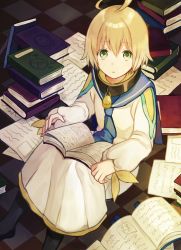 Rule 34 | 1boy, ahoge, blonde hair, book, checkered floor, child, green eyes, highres, kurodeko, laphicet (tales), male focus, pantyhose, sailor collar, sitting, solo, tales of (series), tales of berseria, too many, too many books