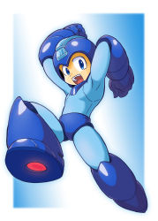 Rule 34 | 1boy, android, blue eyes, blue gloves, border, capcom, gloves, happy, helmet, highres, jumping, looking at viewer, male focus, miyako (toykingpaint), rckman, mega man (series), mega man (character), mega man (classic), mega man 11, smile, solo, white border