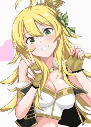 Rule 34 | 1girl, ahoge, armband, bare shoulders, black jacket, blonde hair, blush, breasts, cleavage, cropped jacket, cropped shirt, crown, dot nose, fingerless gloves, fur-trimmed collar, fur trim, gloves, green eyes, green ribbon, grin, hair ribbon, hands up, heart, hoshii miki, idolmaster, idolmaster (classic), idolmaster million live!, idolmaster million live! theater days, jacket, jewelry, large breasts, long hair, looking at viewer, midriff, mini crown, necklace, open clothes, open jacket, ribbon, shinomiyabi, shirt, simple background, single off shoulder, sleeveless, sleeveless jacket, smile, solo, star (symbol), star necklace, strapless, strapless shirt, upper body, v, white background, white shirt, yellow armband, yellow gloves, zipper