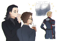 Rule 34 | 3boys, ass, avengers (series), back, belt, black belt, black gloves, black hair, black jacket, black necktie, blonde hair, blue bodysuit, bodysuit, brown eyes, brown hair, buttons, captain america, coffee, collared jacket, collared shirt, commentary, cup, disposable cup, drinking, drinking straw, english commentary, facial hair, fingernails, gloves, green eyes, grey jacket, grey shirt, hand on own hip, hand up, holding, holding cup, jacket, loki (marvel), long sleeves, looking at another, male focus, marvel, marvel cinematic universe, medium hair, multiple boys, murdermuffinloki, necktie, shirt, short hair, simple background, standing, star (symbol), steve rogers, sunglasses, tony stark, white background, white shirt