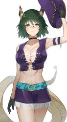 Rule 34 | 1girl, absurdres, breasts, center opening, cleavage, cowboy shot, cross-laced clothes, cross-laced top, dragon horns, glasses, gloves, green hair, hat, highres, holding, holding clothes, holding hat, horns, midriff, miniskirt, navel, original, purple hat, purple skirt, semi-rimless eyewear, short hair, simple background, skirt, slit pupils, smile, solo, tail, takita (takita3411), under-rim eyewear, unworn hat, unworn headwear, white background