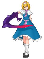 Rule 34 | 1girl, absurdres, alice margatroid, asha, black footwear, blonde hair, blue dress, bois de justice, capelet, closed eyes, closed mouth, commentary request, cookie (touhou), dies irae, dress, frilled hairband, frilled necktie, frilled sash, frills, full body, hair intakes, hairband, highres, hinase (cookie), mary janes, medium bangs, necktie, pink hairband, pink necktie, pink sash, sash, shinza bansho series, shoes, short hair, simple background, smile, socks, solo, standing, touhou, transparent background, white capelet, white socks