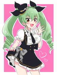 1girl, :d, airi (akamichiaika), anchovy (girls und panzer), bangs, black neckwear, black ribbon, black skirt, black vest, border, bow, brown eyes, cabbie hat, collar, collared shirt, commentary, cowboy shot, drill hair, eyebrows visible through hair, frilled collar, frilled skirt, frilled sleeves, frills, girls und panzer, girls und panzer senshadou daisakusen!, green hair, grey bow, hair ribbon, hat, heart, high-waist skirt, highres, idol, lifted by self, long hair, looking at viewer, mini hat, miniskirt, necktie, official alternate costume, one-hour drawing challenge, open mouth, outline, outside border, pink background, puffy short sleeves, puffy sleeves, ribbon, shirt, short sleeves, single horizontal stripe, skirt, skirt lift, smile, solo, standing, tilted headwear, twin drills, twintails, vest, waving, white border, white outline, white shirt