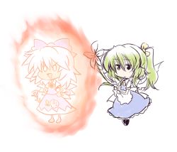 Rule 34 | &gt;:d, 216, 2girls, :&gt;, :d, apron, barefoot, blue dress, blue ribbon, bow, chibi, cirno, commentary request, daiyousei, dress, fairy wings, fire, flower, full body, green eyes, green hair, hair bow, hands on own hips, holding, holding flower, multiple girls, o o, open mouth, ribbon, shoes, short hair, side ponytail, sketch, smile, tiptoes, touhou, v-shaped eyebrows, waist apron, wings, yellow ribbon