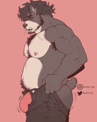 Rule 34 | 1boy, akumicke, animal ears, armpit hair, armpit hair peek, ass, ass lift, bara, bear boy, bear ears, bear tail, beard, belly, black eyeshadow, black pants, bouncing bulge, bulge, bulge lift, chest hair, cigarette, colored nipples, dressing, eyeshadow, facial hair, fat, fat man, feet out of frame, from side, furry, furry male, half-closed eyes, highres, i&#039;ve never seen a guy recreate this successfully tbh (meme), jockstrap, large pectorals, makeup, male focus, male underwear, mature male, meme, motion lines, muscular, muscular male, navel, navel hair, nipples, nose piercing, nose ring, open pants, orange male underwear, original, pants, pants lift, pectorals, piercing, pink background, red nipples, short hair, solo, stomach, tail, thick eyebrows, topless male, undersized clothes, underwear