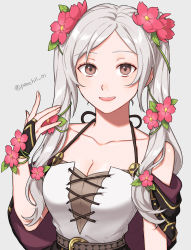 Rule 34 | 1girl, :d, adapted costume, bare shoulders, breasts, bridal gauntlets, brown eyes, cleavage, collarbone, fire emblem, fire emblem awakening, fire emblem heroes, flower, grey background, grey hair, hair flower, hair ornament, highres, long hair, medium breasts, nintendo, official alternate costume, open mouth, peach11 01, robin (female) (fire emblem), robin (female) (valentine) (fire emblem), robin (fire emblem), simple background, sleeveless, smile, solo, twintails, twitter username, upper body