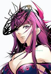 Rule 34 | 1girl, bare shoulders, breasts, cleavage, close-up, closed mouth, dress, expressionless, fire emblem, fire emblem engage, flower, hair ornament, highres, holding, ivy (fire emblem), jewelry, large breasts, long hair, mole, mole under mouth, nintendo, portrait, purple eyes, purple hair, rose, serious, solo, umi ( oneinchswing), upper body