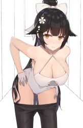 Rule 34 | 1girl, azur lane, bad id, bad twitter id, bare shoulders, black hair, blunt bangs, bow, breasts, brown eyes, cleavage, cleavage cutout, clothes pull, clothing cutout, collarbone, expressionless, flower, gloves, hair bow, hair flower, hair ornament, halterneck, hands on own hips, hanging breasts, hip focus, kanikou, large breasts, leaning forward, long hair, navel cutout, one-piece swimsuit, pantyhose, pantyhose pull, ponytail, solo, swimsuit, takao (azur lane), takao (beach rhapsody) (azur lane), thighs, white bow, white gloves, white one-piece swimsuit