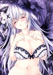 Rule 34 | 1girl, animal ears, black bow, blush, bow, bra, breasts, cat ears, cat hair ornament, cleavage, closed eyes, collarbone, commentary request, hair between eyes, hair bow, hair ornament, hands up, highres, large breasts, long hair, lying, navel, on back, ooji cha, original, oziko (ooji cha), parted lips, silver hair, sleeping, solo, striped, striped bow, two side up, underwear, upper body, very long hair, white bra, x hair ornament