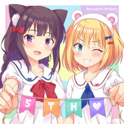 Rule 34 | 2girls, :d, animal ear fluff, animal ears, anniversary, bear ears, black hair, blonde hair, blue bow, blue eyes, blush, bow, breasts, cat ears, collarbone, collared dress, commentary request, dress, fake animal ears, frilled sleeves, frills, grin, hair between eyes, hair bow, hairband, heart, holding, kaiware-san, medium breasts, multicolored background, multiple girls, open mouth, original, puffy short sleeves, puffy sleeves, purple eyes, red bow, short sleeves, smile, string of flags, white dress, white hairband