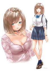 Rule 34 | 1girl, :d, ankle socks, backpack, bag, blue eyes, blue legwear, blue neckwear, blue skirt, blush, bow, bowtie, breast pocket, breasts, brown footwear, brown hair, choker, cleavage, floral print, from above, full body, highres, koji (kojikojimdw), large breasts, long sleeves, looking at viewer, mary janes, medium hair, multiple views, nail polish, open mouth, original, pink shirt, plaid, plaid skirt, playing with hair, pleated skirt, pocket, school bag, school uniform, shirt, shoes, short sleeves, signature, simple background, skirt, smile, socks, striped bow, striped bowtie, striped clothes, striped neckwear, teeth, upper body, upper teeth only, watch, white background, white shirt, wristband, | |