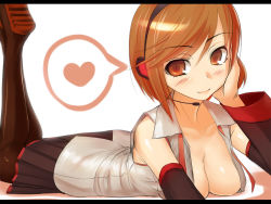 Rule 34 | 1girl, bad id, bad pixiv id, breasts, brown eyes, brown hair, cleavage, cosplay, detached sleeves, hatsune miku, hatsune miku (cosplay), headphones, headset, heart, kakaon, letterboxed, lying, meiko (vocaloid), on stomach, skirt, solo, speech bubble, spoken heart, thighhighs, vocaloid