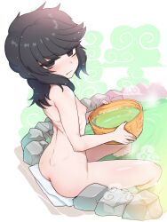 Rule 34 | 1girl, ass, black eyes, black hair, blush, breasts, copyright request, holding, looking at viewer, medium hair, nude, okitaima, onsen, ribs, sitting, small breasts, solo, spine, steam, washpan, water, wet