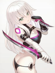 Rule 34 | 1girl, aged up, alternate breast size, alternate hair length, alternate hairstyle, ass, bandaged arm, bandages, bare shoulders, bikini, black bikini, black gloves, breasts, buckle, butt crack, cleavage, cowboy shot, dagger, dimples of venus, dual wielding, fate/apocrypha, fate (series), fingerless gloves, from side, gloves, green eyes, grey background, highres, holding, holding weapon, jack the ripper (fate/apocrypha), kaina (tsubasakuronikuru), knife, large breasts, long hair, looking at viewer, looking to the side, parted lips, revealing clothes, shoulder tattoo, sidelocks, silver hair, simple background, single glove, smile, solo, swimsuit, tattoo, weapon
