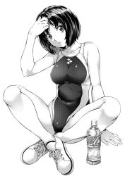Rule 34 | 1girl, arm support, bottle, breasts, competition swimsuit, covered navel, greyscale, head tilt, highres, crossed legs, looking at viewer, medium breasts, monochrome, nagayori, no socks, one-piece swimsuit, original, parted lips, shoes, short hair, simple background, sitting, sneakers, solo, swimsuit