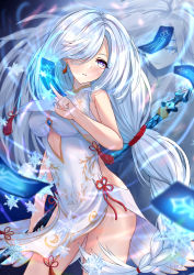 Rule 34 | 1girl, absurdres, bare arms, bare shoulders, benzi li, blue eyes, blue nails, blush, braid, breasts, cleavage, contrapposto, cowboy shot, dress, eyes visible through hair, genshin impact, grey hair, hair over one eye, highres, holding, large breasts, long hair, looking at viewer, low-tied long hair, nail polish, no bodystocking, parted lips, shenhe (genshin impact), sleeveless, sleeveless dress, snowflakes, solo, tassel, very long hair, white dress
