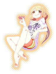 Rule 34 | 1girl, bare legs, barefoot, blonde hair, brown eyes, candy, closed mouth, clothes writing, food, full body, futaba anzu, hand up, idolmaster, idolmaster cinderella girls, long hair, low twintails, off shoulder, outline, sakuraba (cerisier x), shirt, short sleeves, shorts, single bare shoulder, smile, solo, striped clothes, striped shorts, t-shirt, twintails, white outline, white shirt, you work you lose