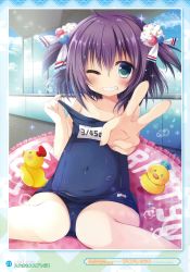 Rule 34 | 1girl, absurdres, ahoge, artist name, blush, collarbone, green eyes, hair bobbles, hair ornament, highres, innertube, looking at viewer, one eye closed, original, parted lips, picpicgram, purple hair, rubber duck, school swimsuit, short hair, short twintails, sitting, smile, solo, swim ring, swimsuit, teeth, twintails, two side up, undressing, v