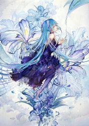 Rule 34 | 1girl, alternate costume, aqua hair, backless dress, backless outfit, bai qi-qsr, bow, choker, copyright name, detached sleeves, dew drop, dress, eyelashes, closed eyes, flower, gown, hair bow, hatsune miku, high heels, highres, iris (flower), long hair, muted color, profile, purple dress, purple theme, smile, strapless, strapless dress, thighhighs, twintails, very long hair, vocaloid, water drop