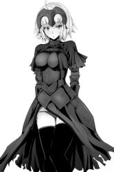 Rule 34 | 1girl, ahoge, arms behind back, blush, capelet, fate/grand order, fate (series), greyscale, hair between eyes, headpiece, jeanne d&#039;arc (fate), jeanne d&#039;arc alter (avenger) (fate), jeanne d&#039;arc alter (fate), looking at viewer, monochrome, panties, rikudou inuhiko, short hair, side-tie panties, solo, thighhighs, thighs, underwear, white background