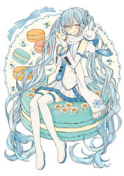 Rule 34 | 1girl, :q, akakura, blue eyes, blue hair, blue necktie, blue scarf, boots, commentary request, daisy, detached sleeves, doily, flower, food, hair between eyes, hatsune miku, headset, highres, holding, long hair, looking at viewer, macaron, miniskirt, mittens, necktie, official art, oversized food, oversized object, pleated skirt, rabbit, scarf, sitting, sitting on food, skirt, snowflake print, solo, thigh boots, thighhighs, tongue, tongue out, twintails, very long hair, vest, vocaloid, white flower, white footwear, white mittens, white scarf, yuki miku