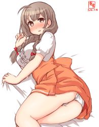 Rule 34 | 1girl, ahoge, alternate costume, anna miller, artist logo, ass, bed sheet, blouse, blush, bow, braid, brown eyes, brown hair, commentary request, dated, hair bow, highres, kanon (kurogane knights), kantai collection, long hair, looking at viewer, lying, on side, open mouth, orange skirt, panties, puffy short sleeves, puffy sleeves, red bow, shinshuu maru (kancolle), shirt, short sleeves, skirt, solo, twin braids, underbust, underwear, waitress, white panties, white shirt
