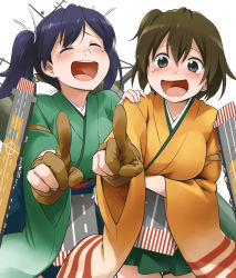 Rule 34 | 10s, 2girls, :d, ^ ^, black hair, blush, breasts, brown eyes, brown hair, check translation, closed eyes, commentary, closed eyes, flight deck, gloves, hair ribbon, hand on another&#039;s shoulder, hiryuu (kancolle), japanese clothes, kantai collection, large breasts, laughing, multiple girls, muneate, open mouth, partially fingerless gloves, partly fingerless gloves, pointing, pointing at viewer, ribbon, short hair, side ponytail, skirt, smile, souryuu (kancolle), tears, translation request, twintails, youkan, yugake