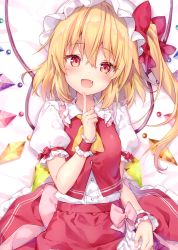 Rule 34 | 1girl, absurdres, ascot, blonde hair, blush, bow, buttons, fang, fingernails, flandre scarlet, frills, hand up, hat, hat ribbon, highres, index finger raised, long hair, looking at viewer, mob cap, open mouth, ponytail, puffy sleeves, red eyes, red skirt, ribbon, riichu, scan, shiny skin, short sleeves, side ponytail, simple background, skirt, solo, touhou, wings, wrist cuffs